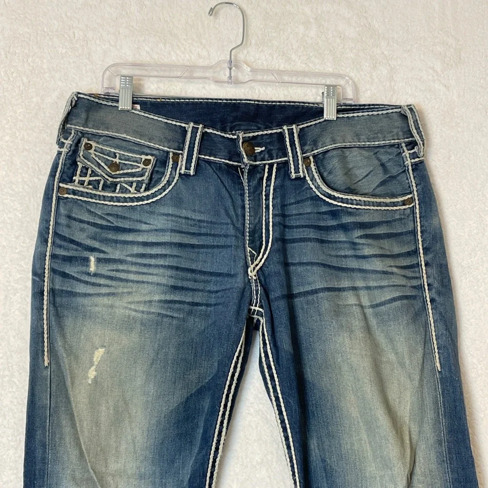 True Religion Mens Super T Straight Jeans Blue White Stitch Made in USA Size 34